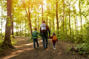 Father,And,Two,Kids,With,Backpack,Hiking,In,Forest.,Social